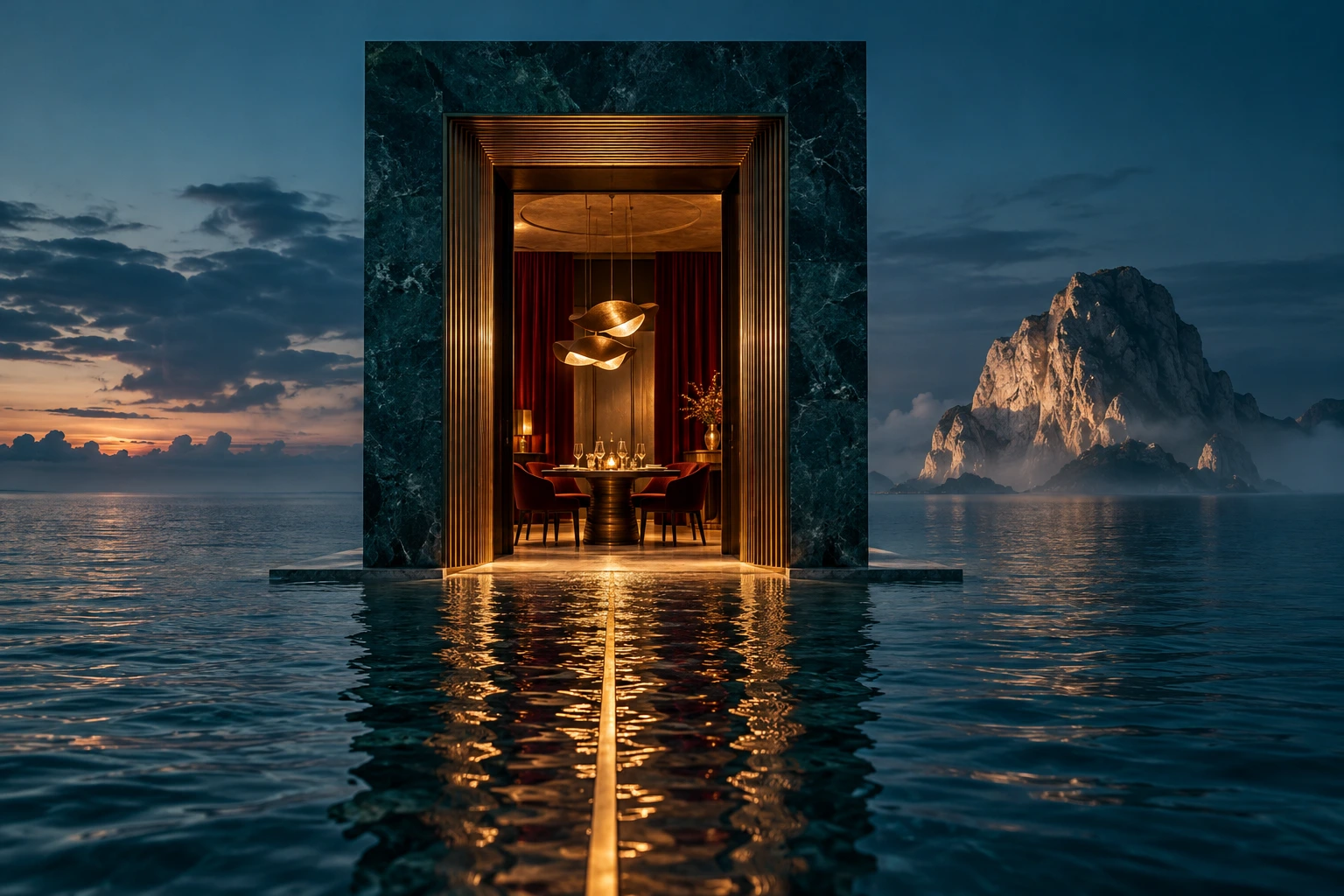 Una puerta sobre el mar se abre hacia un restaurante.